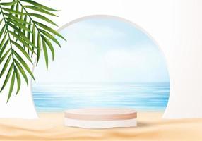 3d summer background product display platform scene with sea beach platform. sky cloud summer background vector 3d render on the ocean display. podium on sand beige cosmetic product display stand