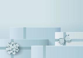 Caja de regalo de fondo 3d con producto de exhibición de lazo azul para Navidad. representación 3d del vector del fondo de la exhibición del producto con el estudio mínimo del podio. soporte para cosméticos en caja de regalo azul en año nuevo 2022