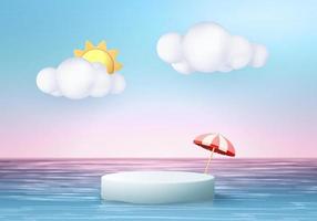 3d summer background product display podium scene with cloud platform. summer background vector 3d render on ocean, podium display in sea. stand show cosmetic product display blue sky