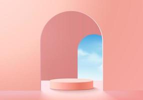 Background vector 3d pink rendering with podium and minimal cloud scene, minimal product display background 3d rendered geometric shape sky cloud pink pastel. Stage 3d render product in platform