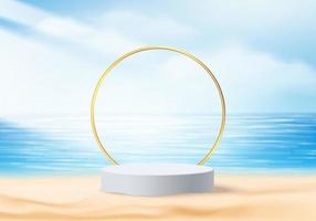 3d summer background product display platform scene with sea beach platform. sky cloud summer background vector 3d render on the ocean display. podium on sand beige cosmetic product display stand