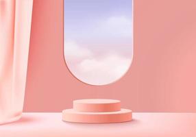Los productos de fondo 3D muestran una escena de podio con una plataforma geométrica de cielo de nubes. representación 3d del vector del fondo con el podio. Stand para mostrar el producto cosmético. escaparate del escenario en la pantalla del pedestal nube rosa