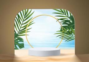 Escena de plataforma de exhibición de producto de fondo de verano 3D con plataforma de hoja de palma. cielo nube verano fondo vector 3d render en la pantalla del océano. Podio en soporte de exhibición de productos cosméticos beige arena