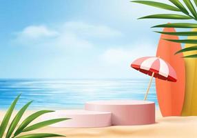 3d summer background product display platform scene with surfboard platform. sky cloud summer background vector 3d render on the ocean display. podium on sand beach cosmetic product display stand