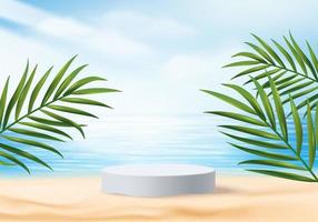 3d summer background product display platform scene with sea beach platform. sky cloud summer background vector 3d render on the ocean display. podium on sand beige cosmetic product display stand