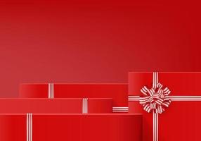 3d background gift box with red bow display product for Christmas. Product display background vector 3d rendering with minimal podium studio. stand for cosmetic on red gift box in new year day