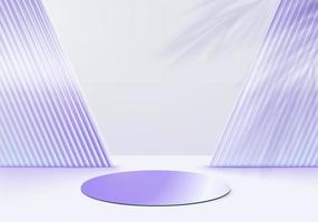 Los productos de fondo de vidrio 3D muestran la escena del podio con plataforma violeta. representación 3d del vector del fondo con el podio. Stand para mostrar productos cosméticos. escaparate del escenario en la pantalla del pedestal estudio púrpura