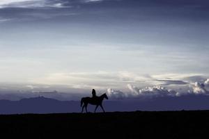 A woman riding alone on a plateau. Horse rider traveling alone photo