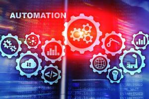 concepto de aumento de productividad de automatización. proceso de tecnología en un fondo de sala de servidores foto