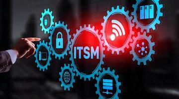 Business Technology Internet concept. Businessman pressing button on touch screen interface and select it service management photo