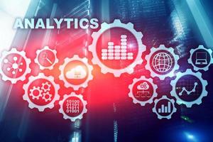 Technology Analytics concept on virtual screen. Big data with graph icons on a digital screen interface and a server room background photo