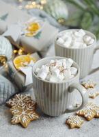 Hot chocolate with marshmallows, warm cozy Christmas drink photo