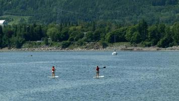deux personnes en planche à pagaie dans la mer pendant l'été à carleton, qc. Canada