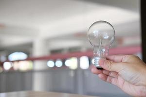 Hand holding a light bulb on a table, notion of idea creativity and inspiration, future technologies photo