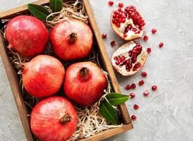 Juicy and ripe pomegranates in the box photo