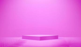 Empty pink illuminated room with square pedestal and shadows of plants. Realistic 3d style vector illustration