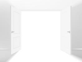 Entrada de doble puerta abierta en un pasillo. Ilustración de vector de estilo 3d realista