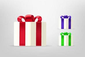 White gift boxes with color ribbons. 3d style vector illustration