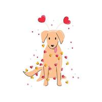 Labrador with fun heart shape headband for Saint Valentine's day. Cute dog in lights garland and broken ornament. Love symbol and puppy isolated. Print graphic element. Vector flat linear illustration