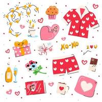 Valentine's day symbols set isolated on white background. Cute elements usable for stickers, pins. Colorful love objects. Template for greeting, congratulations, invitations. Vector flat illustration