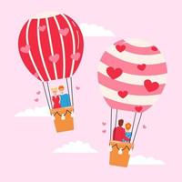 Two air balloons with beloved couples fly in sky on pink background. Design concept of enamored people for St. Valentines day. Love greeting card. Vector flat illustration with cute characters hugging