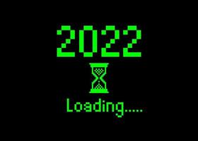 feliz año nuevo 2022 con estilo de mapa de bits de pixel art de icono de carga. barra de progreso casi llegando a la víspera de año nuevo. diseño plano vector verde 2022 cargando cursor de reloj de arena de píxeles. fondo negro o aislado