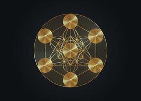 Gold Metatrons Cube, Flower of Life. Sacred geometry, graphic geometric elements. Mystic icon platonic solids, abstract geometric drawing, crop circles. Vector isolated on black background