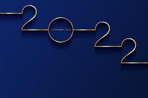 Tarjeta de feliz año nuevo dorado 2022 con líneas de textura de degradado de lámina premium, fondo oscuro. diseño de lujo festivo para tarjeta navideña, invitación, cartel de calendario. 2022 año nuevo texto dorado en azul vector