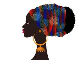Afro hairstyle, beautiful portrait African woman in wax print fabric turban, ethnic tribal colorful head wrap for afro curly hair, vector isoalted on white background