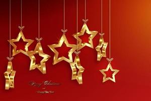 bolas de navidad en forma de estrellas 3d, banner de vacaciones de lujo navideño con estrella dorada, feliz navidad y tarjeta de felicitación de feliz año nuevo. Ilustración de vector de lujo dorado aislado sobre fondo rojo