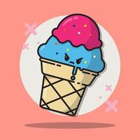 Cute cartoon ice cream with angry face. Kawaii ice cream in a waffle cone. A collection of sweet food emojis. vector