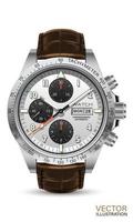 Realistic watch clock chronograph silver black red arrow white number text brown leather strap on white background design classic luxury for men vector