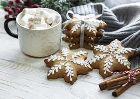 Christmas decorations,  cocoa and gingerbread cookies.