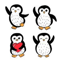 Ilustración, conjunto de pingüinos divertidos lindos dibujados a mano, textiles, fondos de pantalla vector