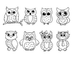 illustration, set of hand-drawn contour different owls, for children's coloring, textiles, wallpaper