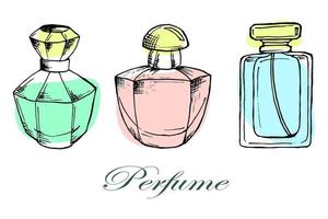 Illustration, set of hand drawn perfume bottles