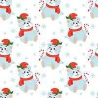 Seamless Christmas background with a polar bear in a red hat and a candy cane in its paw. vector