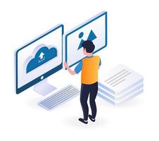 Man uploading files with computer vector