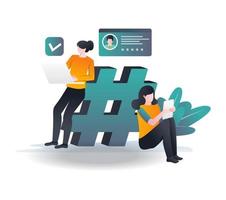 Girl standing next to hashtags in isometric illustration vector