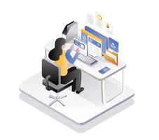 Woman working at computer desk with smartphone vector