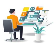 Man working with computer with app in isometric illustration vector