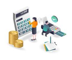 The concept of isometric illustration, two people are calculating payment and collecting notes vector