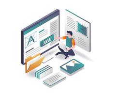 The man is layout the blog display in isometric design vector