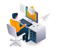 Man is sending email safely and work in desk vector