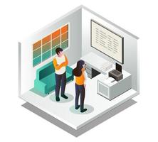 A couple is looking at a white board with a work plan vector