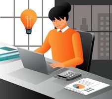 Girl working at computer and getting ideas vector