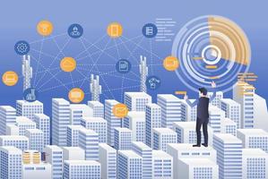 El hombre está controlando la ciudad inteligente con tecnología de transformación digital. vector