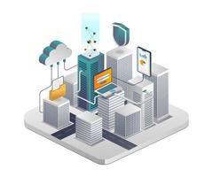 ciudad inteligente con servidor en la nube y seguridad de datos de teléfonos inteligentes vector