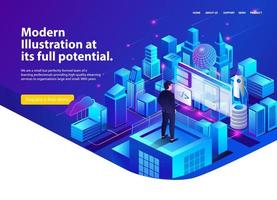 Man looking at city buildings with cloud server analysis vector