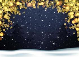 Christmas banner golden snowflakes. Gold glitter and bright bokeh. Dark forest on New Year's Eve with falling snow. Realistic illustration. Vector.
